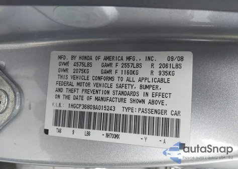 2009 Honda Accord 3.5 Ex-L from USA, damaged, VIN 1HGCP36809A015243